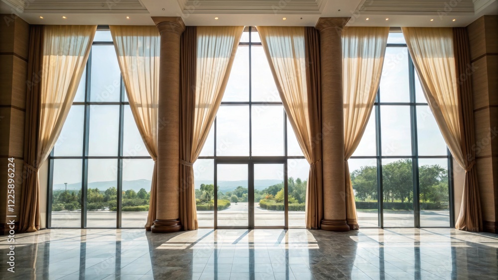 Poster Medium closeup of large windows allowing natural light to flood the lobby framed by curtains that enhance the openness and connection to the outdoors.