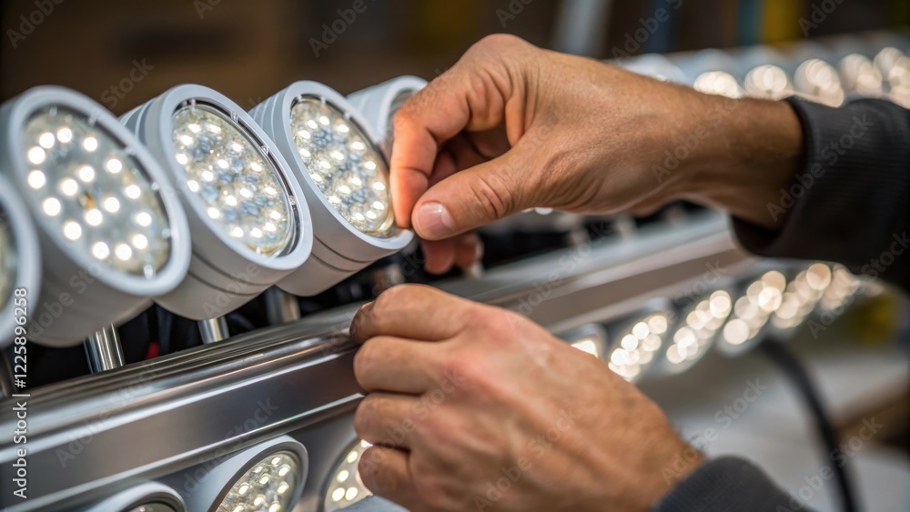 Poster Medium closeup of hands adjusting LED light fixtures showcasing detailed craftsmanship and a focus on creating a harmonious blend of functionality and aesthetics.