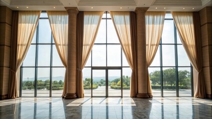 Medium closeup of large windows allowing natural light to flood the lobby framed by curtains that enhance the openness and connection to the outdoors.