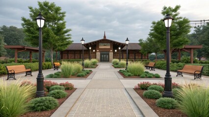 Fototapeta premium Medium closeup of new landscaping being introduced around the station grounds combining native plants with historical features like lamp posts and benches.
