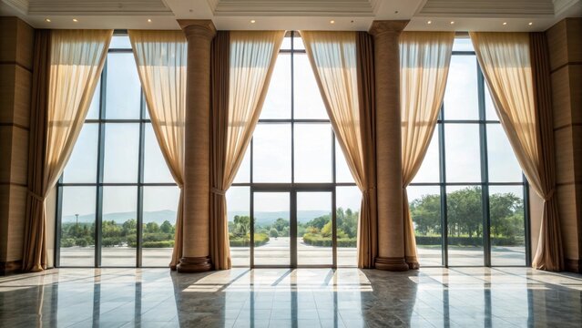 Medium closeup of large windows allowing natural light to flood the lobby framed by curtains that enhance the openness and connection to the outdoors.