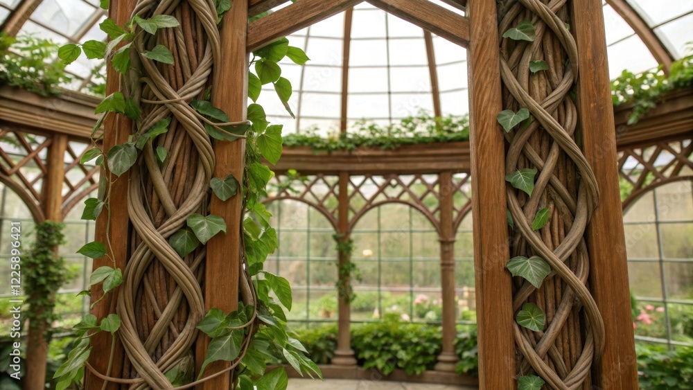 Poster Medium closeup of thick vines intertwining with a trellis capturing the natural texture of the leaves and the intricate design of the greenhouse layout.