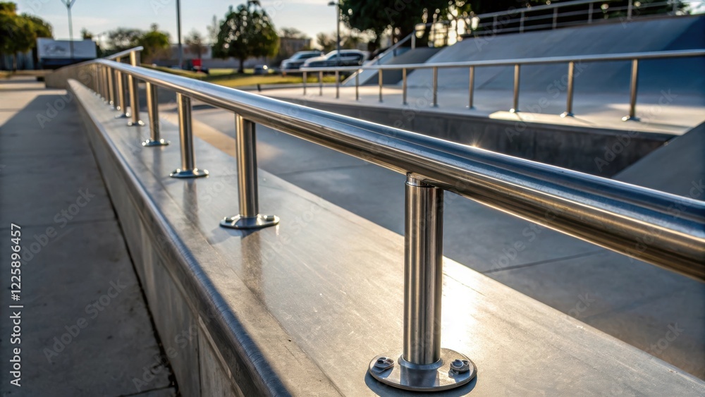 Poster Metal Rails A closeup of polished metal rails installed along the edge of a skatepark capturing the sleek shiny surface with light glinting off it suggesting speed and agility.