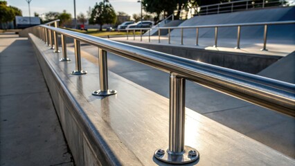 Metal Rails A closeup of polished metal rails installed along the edge of a skatepark capturing the sleek shiny surface with light glinting off it suggesting speed and agility.
