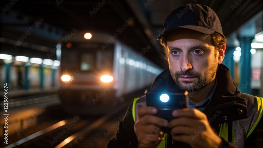 Poster The technicians face is illuminated by the light from a handheld device while adjusting camera angles with a train arriving in the background.
