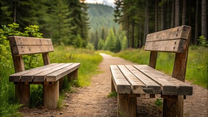 Sustainable Materials A medium closeup of sy benches made from reclaimed wood positioned near the trailhead emphasizing environmental sustainability while providing resting spots