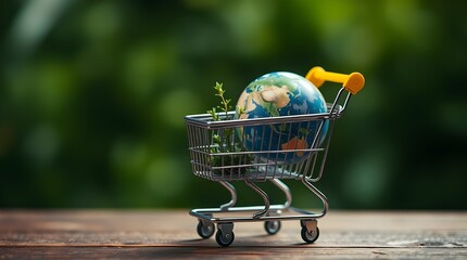 shopping cart ,shopping cart with gifts,Mini shopping cart with globe and plants symbolizes sustainable consumer choices