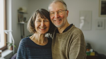 Obraz premium A retired couple embraces joyfully in their home, showcasing a strong marriage and love after years together