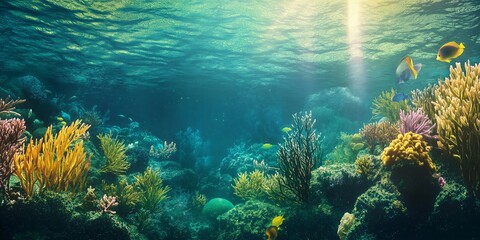 Fototapeta premium An enchanting underwater view of colorful coral reefs teeming with life.