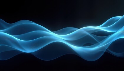 Obraz premium Abstract design. Soft glowing blue waves overlap on sleek black background. Modern fluid aesthetic. Elegant flowing shapes. Stylish background. Dynamic design element. Visually appealing.