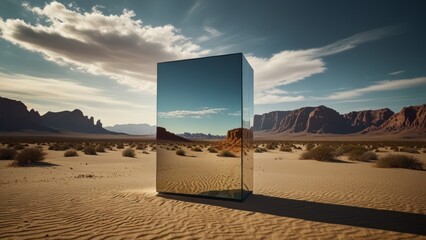 Reflective Mirror Obelisk Standing in a Vast Desert