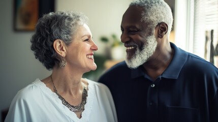 Mature couple smiles warmly at each other, celebrating their retirement and shared happiness in a cozy indoor setting