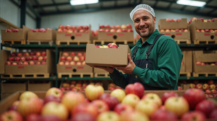Smiling fruit packer holding box of apples in warehouse