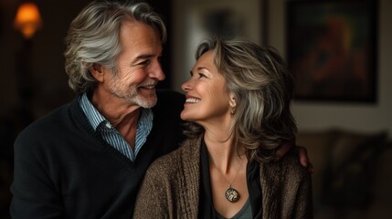 Naklejka premium Mature couple sharing a loving glance, deeply connected in their comfortable living space, celebrating their life together in retirement