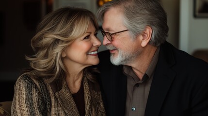 Naklejka premium Mature couple smiles lovingly at each other, reflecting happiness in their retirement years while enjoying each other's company indoors