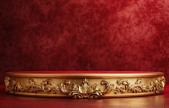 Golden ornate podium on red textured background for product placement