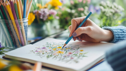 Close-up photo of a designer sketching a botanical illustration, using colorful pencils to draw detailed flowers and leaves on paper in a vibrant natural environment.
