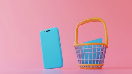 3d minimal cartoon smartphone with blue coupon voucher ticket with a basket 3D render