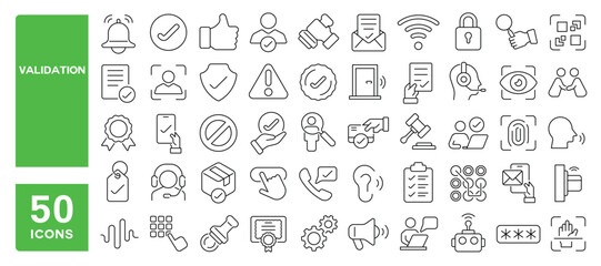 Set of 50 line icons related to validation, access, approval, identity, check, certified, accept, security, warranty, license, guarantee, permission, Editable stroke. Vector illustration