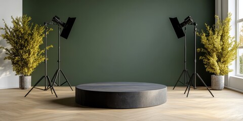 Minimalist photo studio featuring a circular platform, blue background, and lighting equipment ready for a creative shoot.