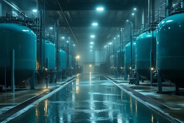Fototapeta premium Industrial Water Treatment Plant in a Large Facility Featuring Pipes, Tanks, and Machinery