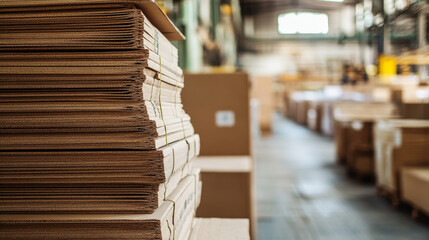 A factory interior showcasing stacks of corrugated cardboard sheets and packaging materials, neatly organized and ready for processing. Industrial machines are visible in the background, emphasizing t