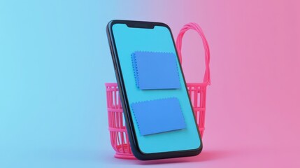3d minimal cartoon smartphone with blue coupon voucher ticket with a basket 3D render