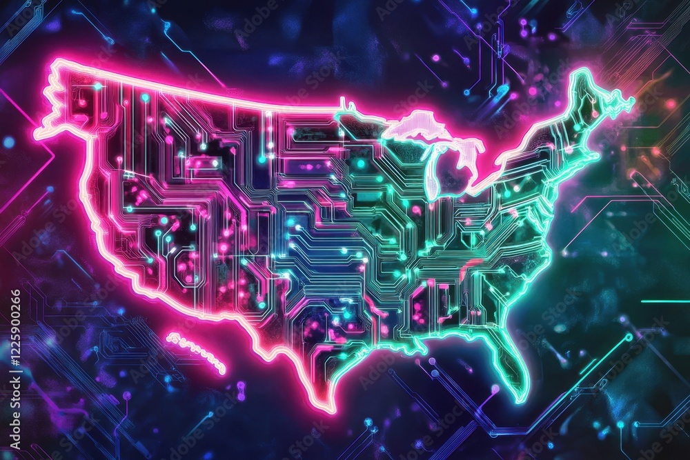 Poster abstract digital map of north america with glowing neon lights and circuit patterns, representing gl
