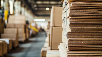 Obraz premium A factory interior showcasing stacks of corrugated cardboard sheets and packaging materials, neatly organized and ready for processing. Industrial machines are visible in the background, emphasizing t