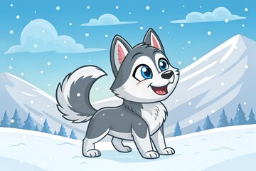 A picture of a wolf with blue eyes and a mountain background