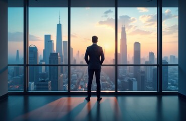 Fototapeta premium Businessman stands by window in office, looks at city view. Modern office space. Sunrise view of urban skyline. Executive envisions future. Successful career. Man in suit reflects on business.