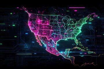 Fototapeta premium Abstract digital map of North America, Brazil, and Latin America with the colors pink, blue, green, and neon lights, as well as circuit board patterns Generative AI