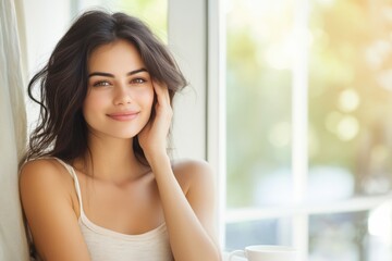 Woman with long hair is smiling and looking at the camera. image has a bright and cheerful mood, with the woman's smile and the blue background adding to the overall positive atmosphere