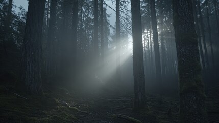 Naklejka premium Sunbeams Illuminate a Misty Forest Path