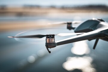 Drone Hovering Over Ocean Waves at Sunset. A sleek drone hovers gracefully over the shimmering ocean waves, capturing breathtaking aerial views as the sun sets on the horizon.