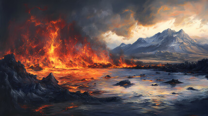 Fototapeta premium Raw power of iceland's volcanic eruption, capturing the intense lava flow and volcanic activity. Lava Lagoon. Illustration