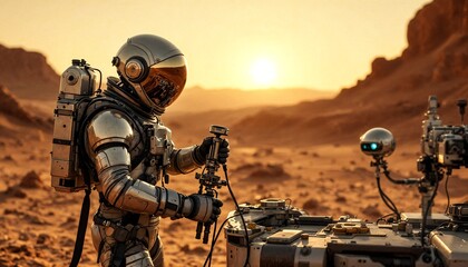 An astronaut in a spacesuit near the Mars rover conducting surface surveys. Colonization of mars. Solar system. Space theme