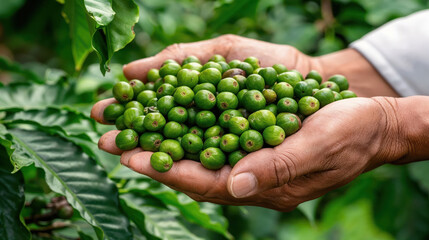 Farmer holding fresh green coffee beans in plantation
