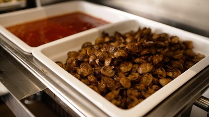 Hotel buffet being prepared for breakfast service