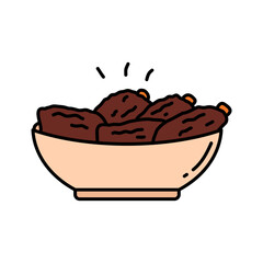 A colorful bowl of dates design illustration, ideal for Islam, Eid, and Ramadan. Perfect for breaking fast and cultural food-themed projects.