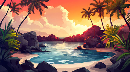 Tranquil lagoon with palm trees and volcanic rocks in hawaii. Lava Lagoon. Illustration