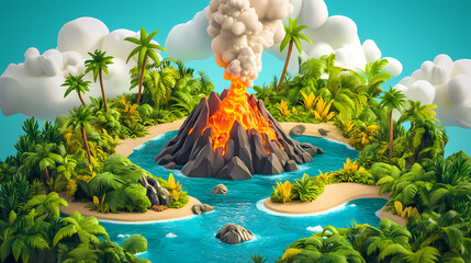 Volcanic island paradise: a vibrant isometric illustration of a tropical volcanic island with a smoking volcano, lush vegetation, and a serene lagoon. Lava Lagoon. Illustration
