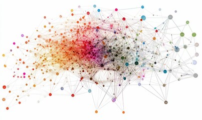 Connected colorful nodes form network on white.