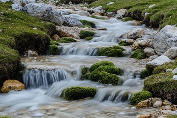 Fototapeta premium The gentle flow of a mountain stream, with water cascading over rocks and green moss.