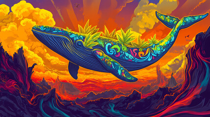 Fototapeta premium Whimsical whale in a volcanic lagoon: a vibrant illustration of a cheerful whale with leafy adornments, swimming through a stylized volcanic landscape. Lava Lagoon. Illustration