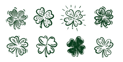 Saint Patricks Day, Green Clover set on white, hand drawn illustrations.	