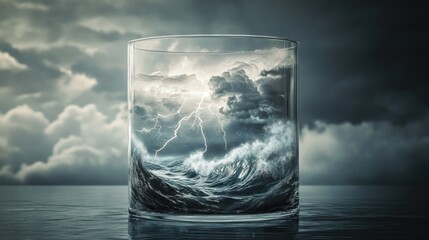 A Glass Captured Stormy Weather With Lightning And Raging Waves In A Water Glass