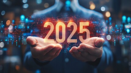 Businessman holding futuristic hologram displaying year 2025