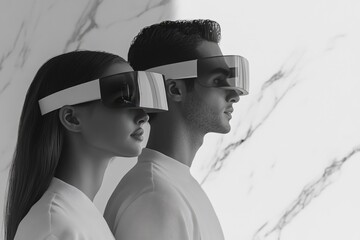 A couple experiences immersive virtual reality, wearing sleek, modern VR headsets against a marble backdrop.