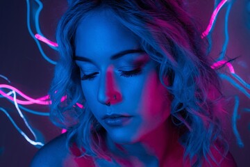 Fototapeta premium Striking portrait of a woman with an intense gaze, illuminated by vibrant neon lighting. The contrast of blue and pink creates a modern and artistic look, emphasizing her thoughtful expression.